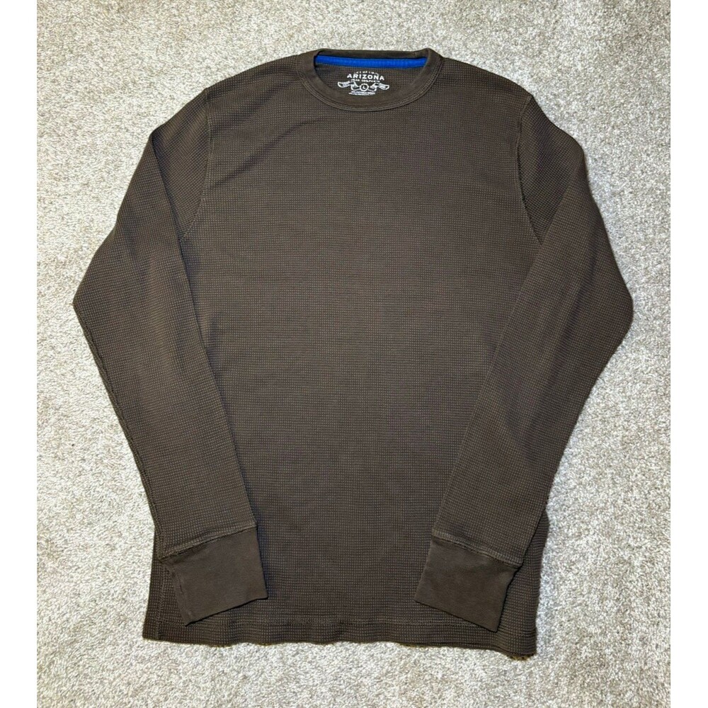 Arizona Mens L Brown Thermal Knit Long Sleeve Crew Neck Logo Tee Solid